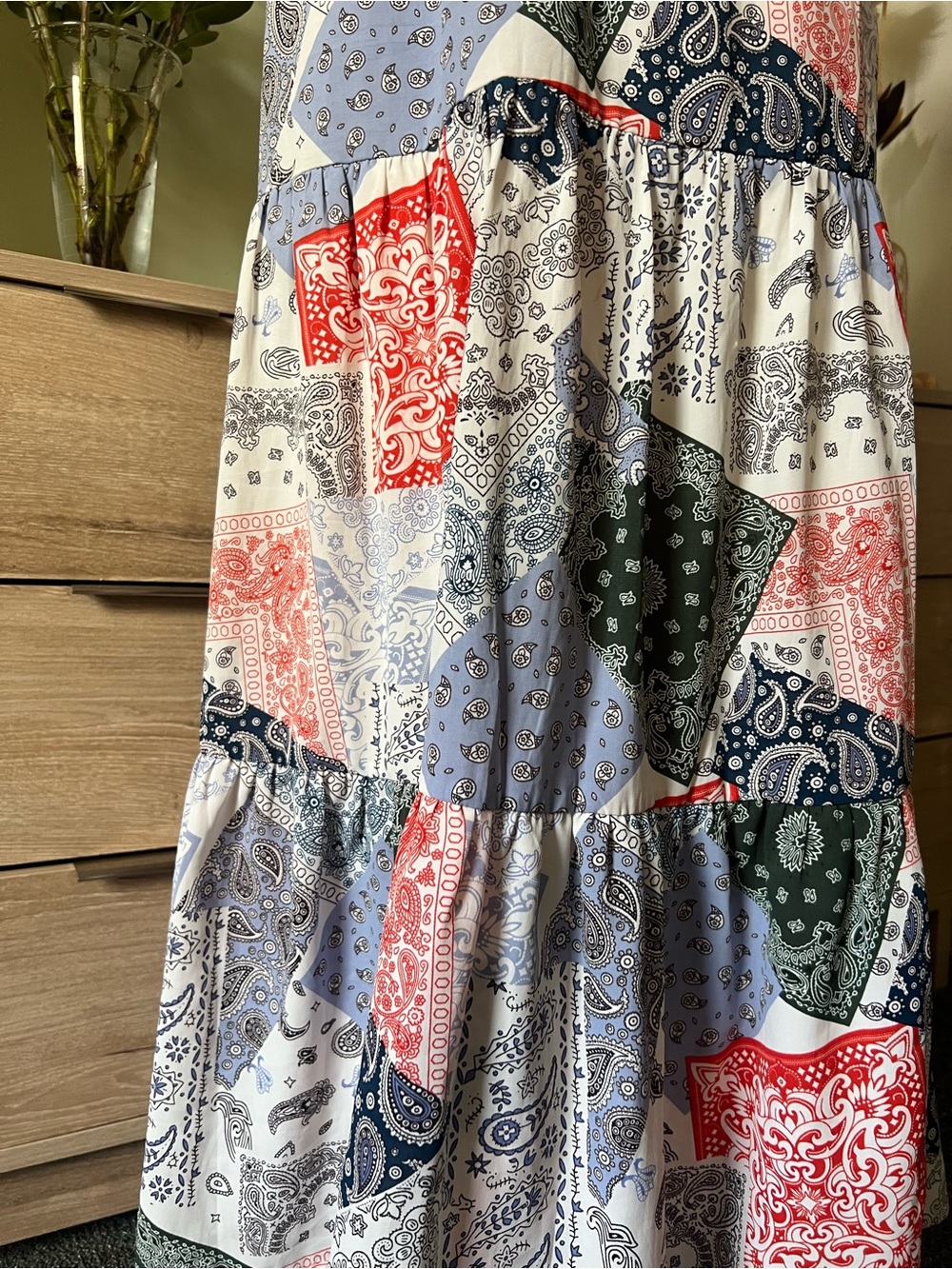 Colorful Patchwork Paisley Modest Tiered High-Waist A-Line Maxi Casual Skirt S